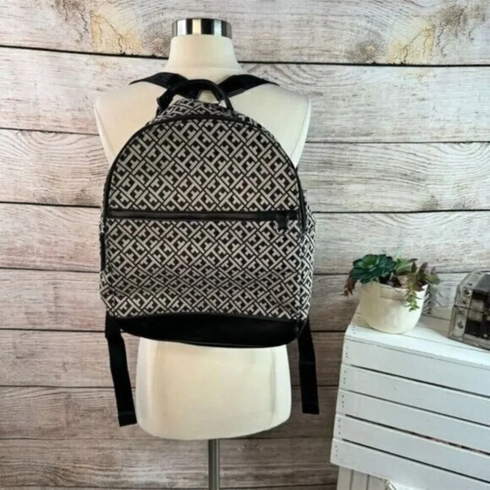 Tommy Hilfiger Unisex Backpack Black‎ Cream Monogram Canvas Adjustable Straps